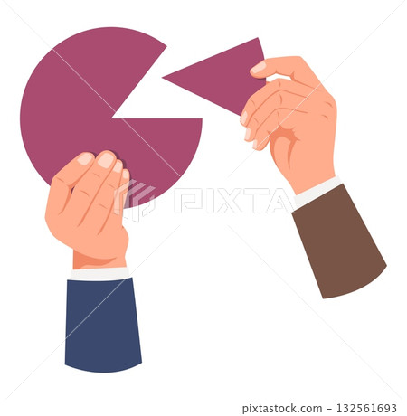Hands of businessmen with pieces of pie chart. Financial diagram. Investment infographic. Partners money allocation parts. Fund percent divide. Vector concept of market profit share 132561693