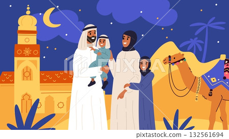 Happy Arab family against backdrop of landscape of muslim country. Arabian parents together with children. Night desert scenery. Camel and mosque. Islamic couple portrait. Vector concept 132561694
