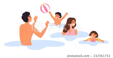 Happy family swims in sea. Father and mother together with children relax at waterpark. Daughter and son play inflated ball in water. Swimming pool fun. Summer travel. Vector concept Happy family swims in sea. Father and mother together with children relax at waterpark. Daughter and son play inflated ball in water. Swimming pool fun. Summer travel. Vector concept 132561732