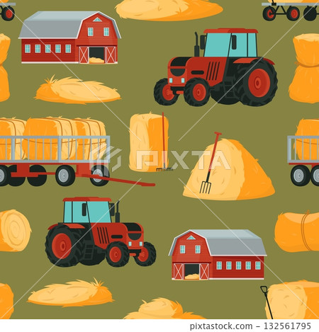 Haystacks and tractor. Farming seamless pattern. Harvester machinery. Agriculture barn for storing straw. Hayloft blocks and heaps. Bales of straw. Pitchforks and racks. Vector background 132561795