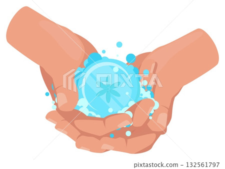 Human hands with soap bar. Personal hygiene against bacteria. Washing palms with foam and water. Antibacterial detergent. Arms antiseptic cleaning. Health care prevention. Vector concept 132561797