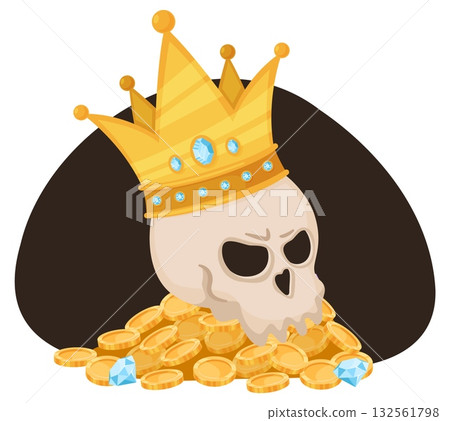 Human skull wearing golden crown lies on pile of gold coins and precious stones. Pirate treasure. Diamond gemstones. Golden cash money. Corsair wealth. Ancient jewelry. Vector concept Human skull wearing golden crown lies on pile of gold coins and precious stones. Pirate treasure. Diamond gemstones. Golden cash money. Corsair wealth. Ancient jewelry. Vector concept 132561798