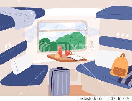 Interior of passenger train carriage with luggage or nature outside window. Comfortable public wagon. Railway journey. Railroad transportation. Armchair seats and table. Vector rail wagon 132561799