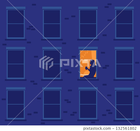 Lonely sad woman in bright window among dark house facade. Girl sitting on windowsill. Residential building. Home urban exterior. Upset neighbor. Vector concept of loneliness in city Lonely sad woman in bright window among dark house facade. Girl sitting on windowsill. Residential building. Home urban exterior. Upset neighbor. Vector concept of loneliness in city 132561802