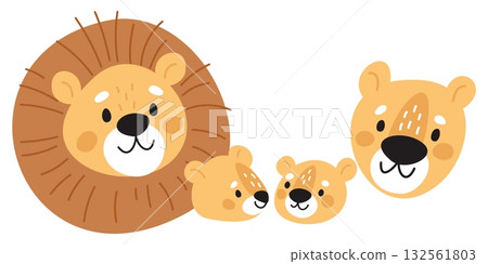 Lovely lion family. Lion father and mother with cubs. Happy lioness muzzle. Wild feline pride. Safari animals group. Savannah fauna. Predator baby with parents. Vector cartoon zoo portrait 132561803