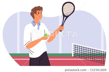 Male tennis player with racket on court field. Sport championship. Athletic champion throwing ball. Match stadium. Sportsman pitching and batting. Badminton tournament. Vector concept Male tennis player with racket on court field. Sport championship. Athletic champion throwing ball. Match stadium. Sportsman pitching and batting. Badminton tournament. Vector concept 132561809