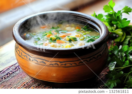 Steaming pot of seafood stew with fresh ingredients in an earthenware pot, evoking home-cooked warmth and comfort Steaming pot of seafood stew with fresh ingredients in an earthenware pot, evoking home-cooked warmth and comfort 132561811