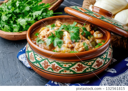 Steaming pot of seafood stew with fresh herbs and vegetables in a traditional earthenware container showcasing home-cooked warmth Steaming pot of seafood stew with fresh herbs and vegetables in a traditional earthenware container showcasing home-cooked warmth 132561815