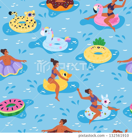 Men and women relax at seaside. Swimming pool seamless pattern. People floating on inflatable rings. Inflated flamingo and duck. Beach party fun. Swim with lifebuoys. Vector background 132561910