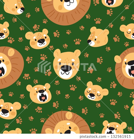 Angry and friendly faces of adult lions cubs seamless pattern. African safari wild animal. Feline pawprint. Happy leo pride. Repeated print. Mammal muzzle. Lioness roar. Vector background 132561915