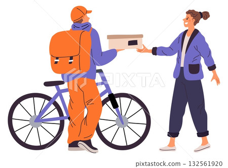 Bicycle courier delivered box of goods to woman. Food delivery. Deliveryman service. Express logistic. Postman carrying postal order to customer. Deliver driving bike. Vector concept Bicycle courier delivered box of goods to woman. Food delivery. Deliveryman service. Express logistic. Postman carrying postal order to customer. Deliver driving bike. Vector concept 132561920