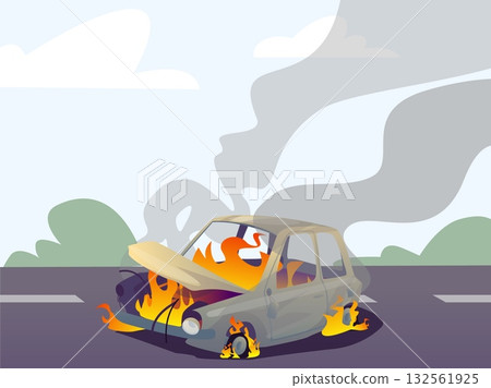 Car caught fire on road. Vehicle engulfed in flames after traffic accident. Broken machine on road. Blazing transport. Insurance of ignition. Driver rescue and firefighting. Vector concept Car caught fire on road. Vehicle engulfed in flames after traffic accident. Broken machine on road. Blazing transport. Insurance of ignition. Driver rescue and firefighting. Vector concept 132561925