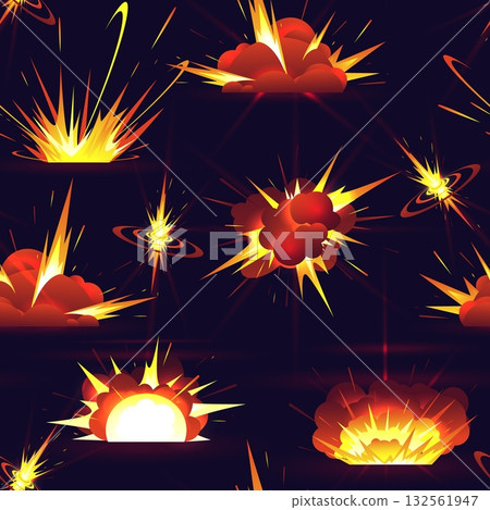 Explosions from shells or pyrotechnics with flames and smoke seamless pattern. Weapon detonation. Fiery boom effect. War epicenter. Repeated print. Military destroy. Vector background 132561947