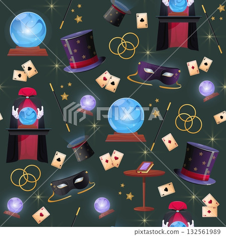 Magicians or illusionist props seamless pattern. Conjuror hat with cloak. Ace cards for prediction. Repeated print. Mask and fairy spell book. Gold rings and Magic wand. Vector background 132561989