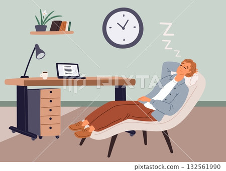 Male employee sleeping at work. Burnout businessman. Laziness and procrastination. Overtime work. Busy manager slumbering at computer desk. Exhausted sleepy worker relax. Vector concept 132561990