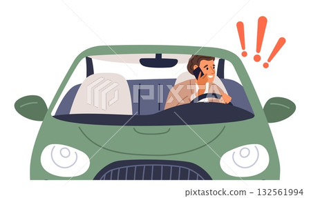Man talking on his cell phone while driving car. Do not use phone while vehicle drive. Careless driver. Guy calling at steering wheel. Automobile traffic. Unsafe behavior. Vector concept 132561994