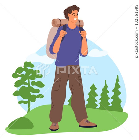 Man with backpack in nature. Hiking vacation. Guy traveling in forest. Summer trekking. Traveler walking outdoor. Tourist with rucksack exploring woodland. Adventure journey. Vector concept Man with backpack in nature. Hiking vacation. Guy traveling in forest. Summer trekking. Traveler walking outdoor. Tourist with rucksack exploring woodland. Adventure journey. Vector concept 132561995