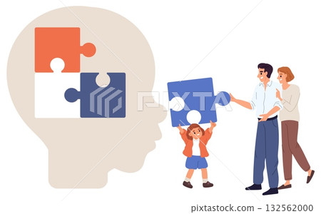 Parents and child with autism are putting together puzzle in silhouette of childs large head. Father and mother help little kid. Autistic disorder. Hyperactivity and ADHD. Vector concept 132562000