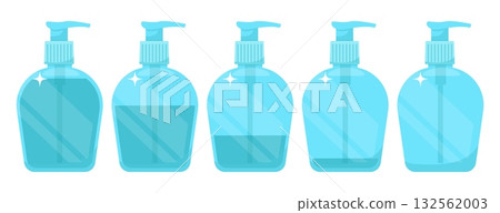 Plastic bottles with dispensers for liquid soap, gel, or shampoo. Hand wash cosmetic. Skin care product. Packaging with pump. Vector set of glass containers with different fluid levels Plastic bottles with dispensers for liquid soap, gel, or shampoo. Hand wash cosmetic. Skin care product. Packaging with pump. Vector set of glass containers with different fluid levels 132562003
