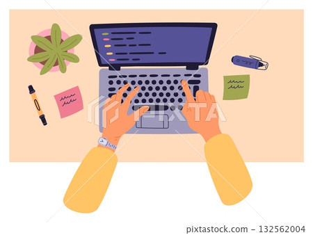Programmer creates computer program on laptop top view. Hands typing on computer keyboard. Office workplace. Businessman desk. Software programming. Fingers on buttons. Vector concept 132562004