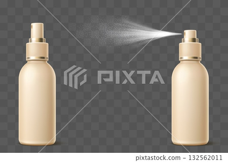 Realistic deodorant bottle sprays fragrant aerosol on transparent background. Skin care product container. Package mockup. Armpit sweat control cosmetic. Vector 3D isolated objects set 132562011