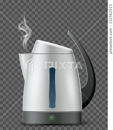 Realistic electric kettle with air bubbles of boiling water and steam coming out of spout. Household appliance. Kitchen equipment. Steel metal teapot with vapor. Vector isolated 3D object 132562013