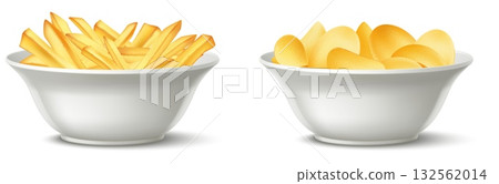Realistic white ceramic plate with French fries and potato chips. Full bowl side view. Fastfood snack eating. Fried vegetable salty slices. Prepared tuber. Vector isolated objects set Realistic white ceramic plate with French fries and potato chips. Full bowl side view. Fastfood snack eating. Fried vegetable salty slices. Prepared tuber. Vector isolated objects set 132562014