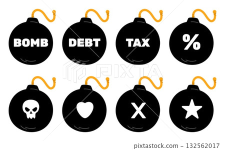 Round bomb with symbols. Dynamite wick. Grenade skull. Love heart. TNT detonator. Discount sale percent. Text words. Debt or taxes percentage. Vector set of icons on white background Round bomb with symbols. Dynamite wick. Grenade skull. Love heart. TNT detonator. Discount sale percent. Text words. Debt or taxes percentage. Vector set of icons on white background 132562017