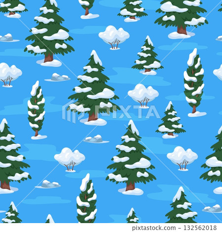 Snow covered coniferous trees in winter forest seamless pattern. Wild nature. Snowdrifts and snowy wood branches. Repeated print. Cold season landscape. Frozen shrub. Vector background Snow covered coniferous trees in winter forest seamless pattern. Wild nature. Snowdrifts and snowy wood branches. Repeated print. Cold season landscape. Frozen shrub. Vector background 132562018