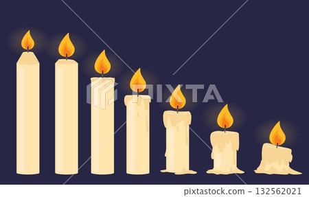 Stages of burning and melting of wax candle on dark background. Beeswax lit glow. Church candlestick. Candlestick sequence steps of ignition. Memorial ceremony. Paraffin sticks vector set 132562021