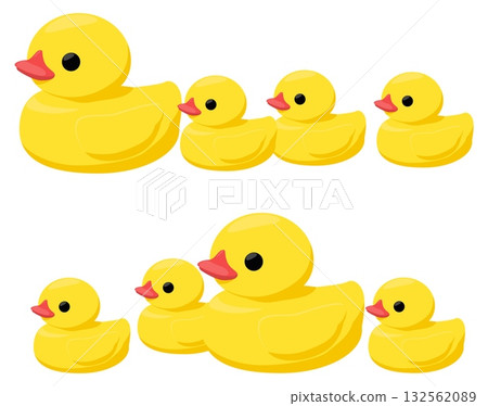 Yellow rubber ducks. Ducky family. Baby bathroom game. Isolated plastic birds floating on water. Animals fowl swimming in pool. Vector set of large and small childrens bath toys group Yellow rubber ducks. Ducky family. Baby bathroom game. Isolated plastic birds floating on water. Animals fowl swimming in pool. Vector set of large and small childrens bath toys group 132562089