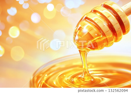 Dripping honey from a wooden dipper into a glass jar illuminated by warm golden light showcasing rich amber textures 132562094