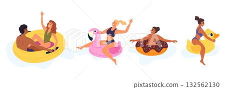 Young men and women float on inflatable rings in sea or river. Swimming pool fun. Beach party. People swim with lifebuoys. Inflated duck and flamingo. Summer vacation. Vector isolated set Young men and women float on inflatable rings in sea or river. Swimming pool fun. Beach party. People swim with lifebuoys. Inflated duck and flamingo. Summer vacation. Vector isolated set 132562130