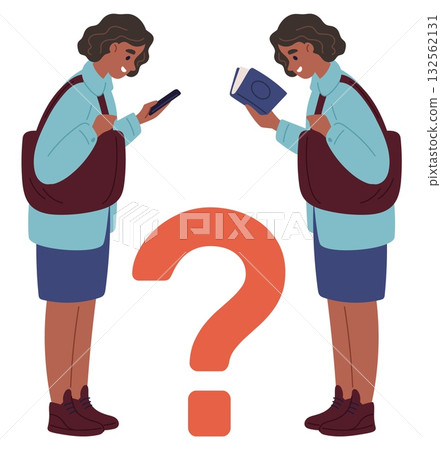 Young woman chooses between book or phone. Girl makes choice between playing game or reading. Alternative leisure. Study or procrastination. Thoughtful student doubts. Vector concept 132562131