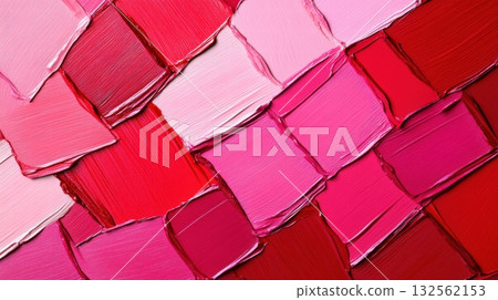 Artistic composition of bold red and pink lipstick smudges showcasing abstract beauty and striking textures in a vibrant display 132562153