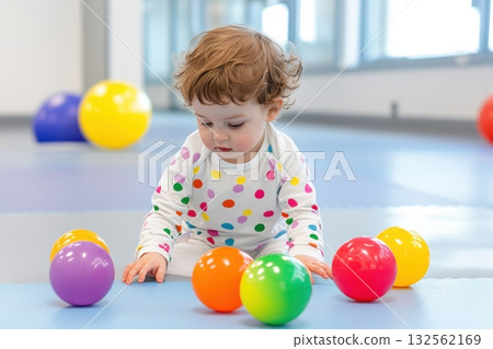 Young child practices fine motor skills with colorful balls in bright occupational therapy setting while being encouraged by a supportive therapist 132562169