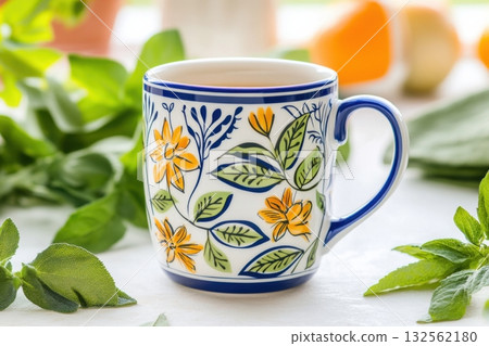 Herbal tea in a vibrant mug highlighting balanced caffeine consumption with fresh herbs for a healthy lifestyle choice 132562180
