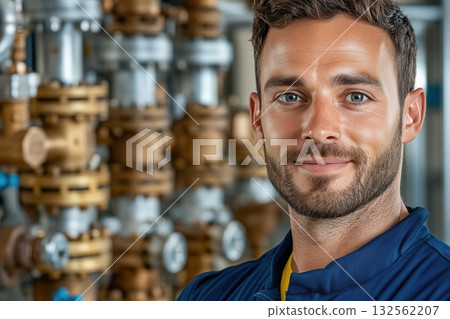 Complex industrial plumbing system installation featuring professional worker in uniform with detailed network of metal pipes and valves in a well-lit environment 132562207