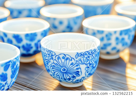 Intricate blue porcelain tea cups arranged on a wooden table reflecting warm golden light 132562215