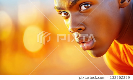 Professional athlete preparing for a race on the track with a focus on strength and determination in warm lighting Professional athlete preparing for a race on the track with a focus on strength and determination in warm lighting 132562239