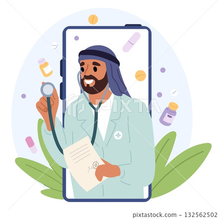 Arab male doctor on smartphone screen conducts virtual medical consultations. Telemedicine consultation. Digital appointment with Arabian physician. Medical phone app. Vector concept 132562502