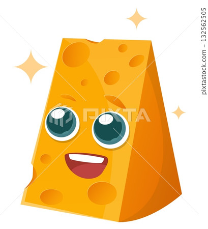 Cartoon piece of cheese. Cheerful cheesy character. Delicious dairy product with eyes and smiling mouth. Gourmet food triangle. Meal ingredient. Cheddar happiness. Vector maasdam mascot 132562505