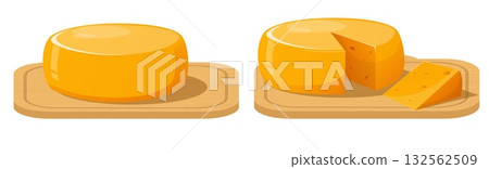 Cheese heads on wooden cutting board. Whole and with piece cutoff. Dairy food. Gourmet product. Cheddar or parmesan appetizer on timber desk. Calcium snack. Vector isolated objects set Cheese heads on wooden cutting board. Whole and with piece cutoff. Dairy food. Gourmet product. Cheddar or parmesan appetizer on timber desk. Calcium snack. Vector isolated objects set 132562509