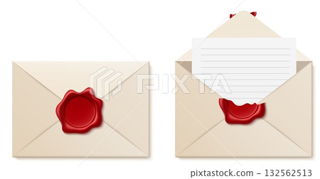 Closed paper envelope with wax seal. Open post letter. Broken stamp. Postal correspondence. Paper mail back view. Postage paraffin blank badge. Vector isolated realistic objects set 132562513