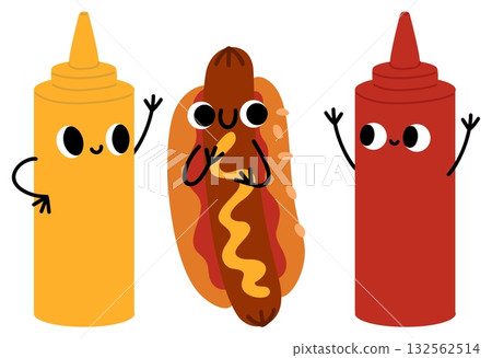 Cute cartoon hot dogs, ketchup and mustard. Stylized as fun food characters. Sauce bottle with eyes and hands. Happy burger. Chili seasoning. Smiling face. Vector fastfood mascots set 132562514