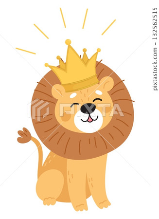 Cute smiling lion with golden crown on his head. Cartoon lioness cub king. Happy feline mammal. African safari cat. Carnivore animal. Zoo monarch. Royal predator. Vector isolated character 132562515