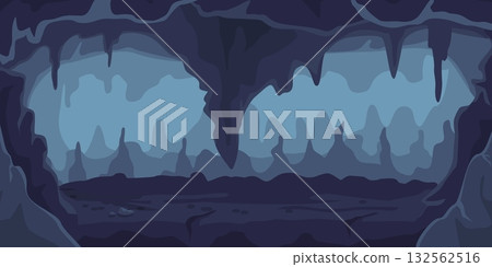 Dark cave with stalactites and stone walls. Gloomy underground chamber inside mountain. Mysterious tunnel. Cavern empty landscape. Rock hole indoor. Sharp stalagmite. Vector background 132562516