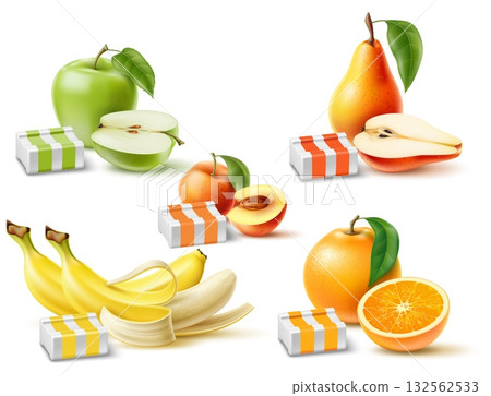 Fruit flavored chewing gum with apple or orange. Fresh peach. Banana or pear taste. Realistic product. Sweet juicy bubblegum. Food 3d package. Sweet aroma candy. Vector isolated objects set Fruit flavored chewing gum with apple or orange. Fresh peach. Banana or pear taste. Realistic product. Sweet juicy bubblegum. Food 3d package. Sweet aroma candy. Vector isolated objects set 132562533