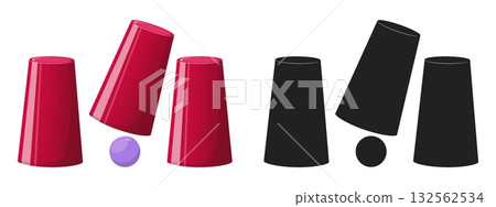 Gambling game with cups. Three glasses and small ball. Black silhouette. Gamble trick. Thimble fun choice. Lottery playing. Win selection. Risk forecasting. Vector isolated objects set Gambling game with cups. Three glasses and small ball. Black silhouette. Gamble trick. Thimble fun choice. Lottery playing. Win selection. Risk forecasting. Vector isolated objects set 132562534