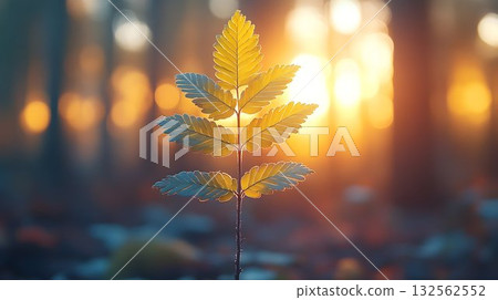 Golden hour plant backlit leaf in forest setting 132562552